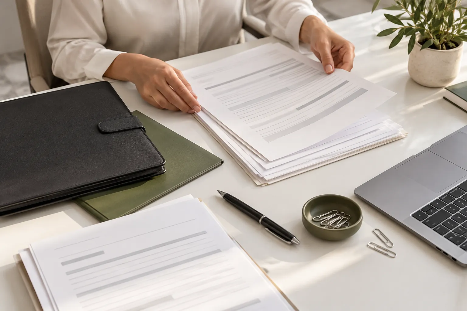 Organized application forms, folders and a pen on a document preparation desk.