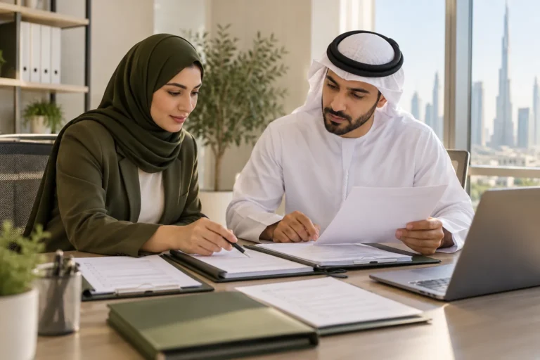 HR manager and consultant reviewing employee application documents.