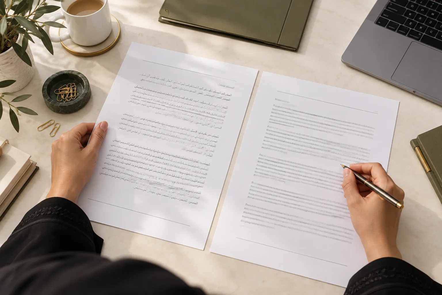 Hands comparing Arabic and English document pages at a desk.