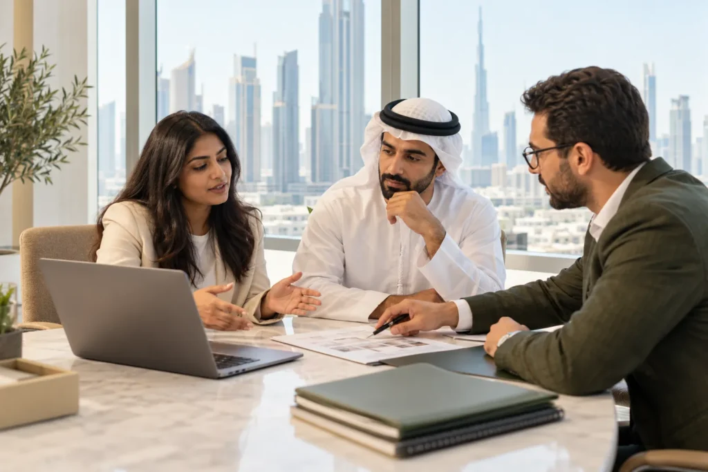 Entrepreneurs discussing company formation paperwork with an advisor.