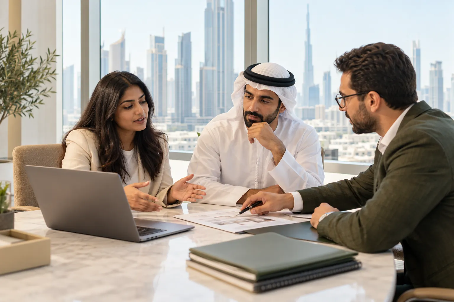 Entrepreneurs discussing company formation paperwork with an advisor.