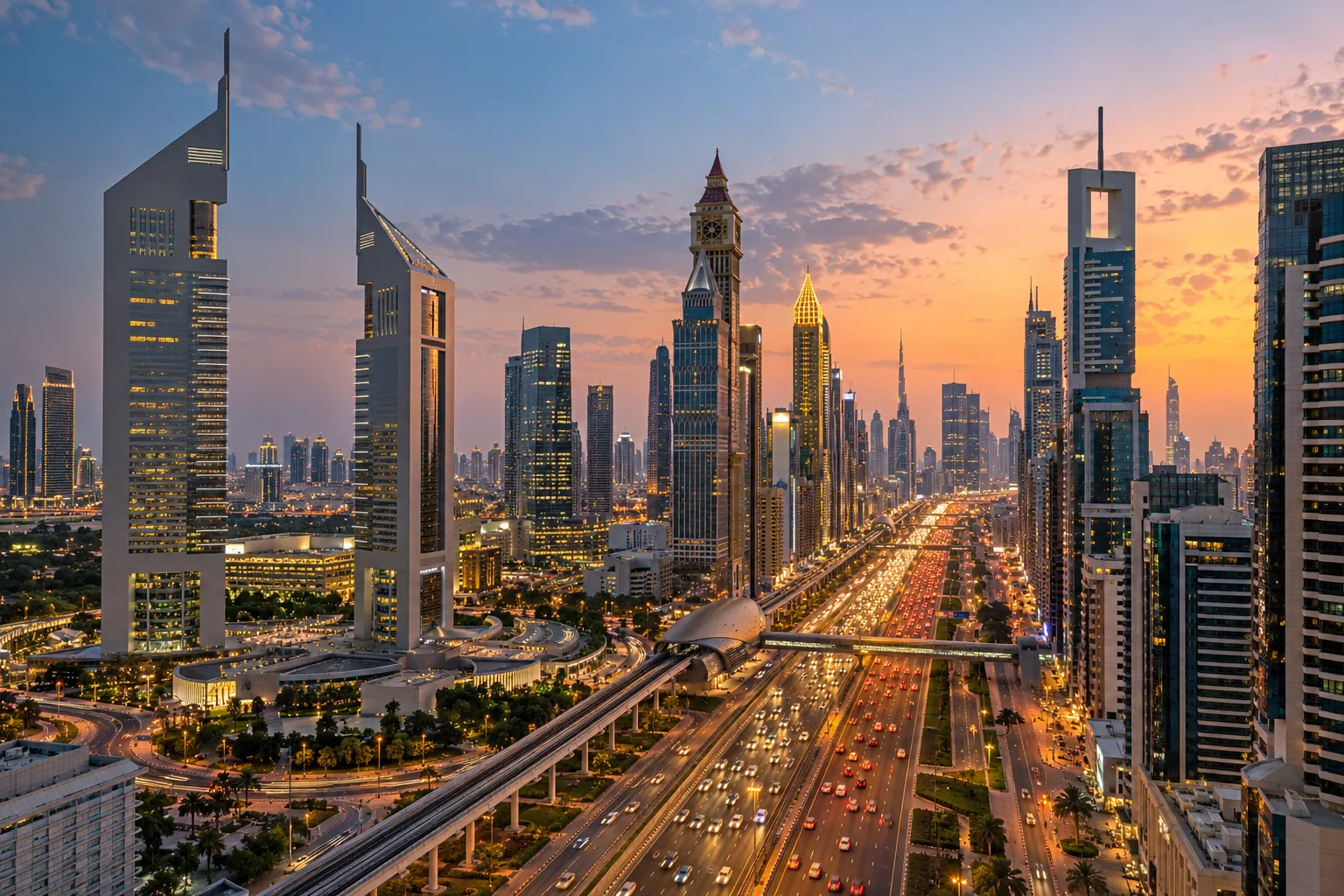 Illustrative Dubai skyline and urban road corridor at sunset.