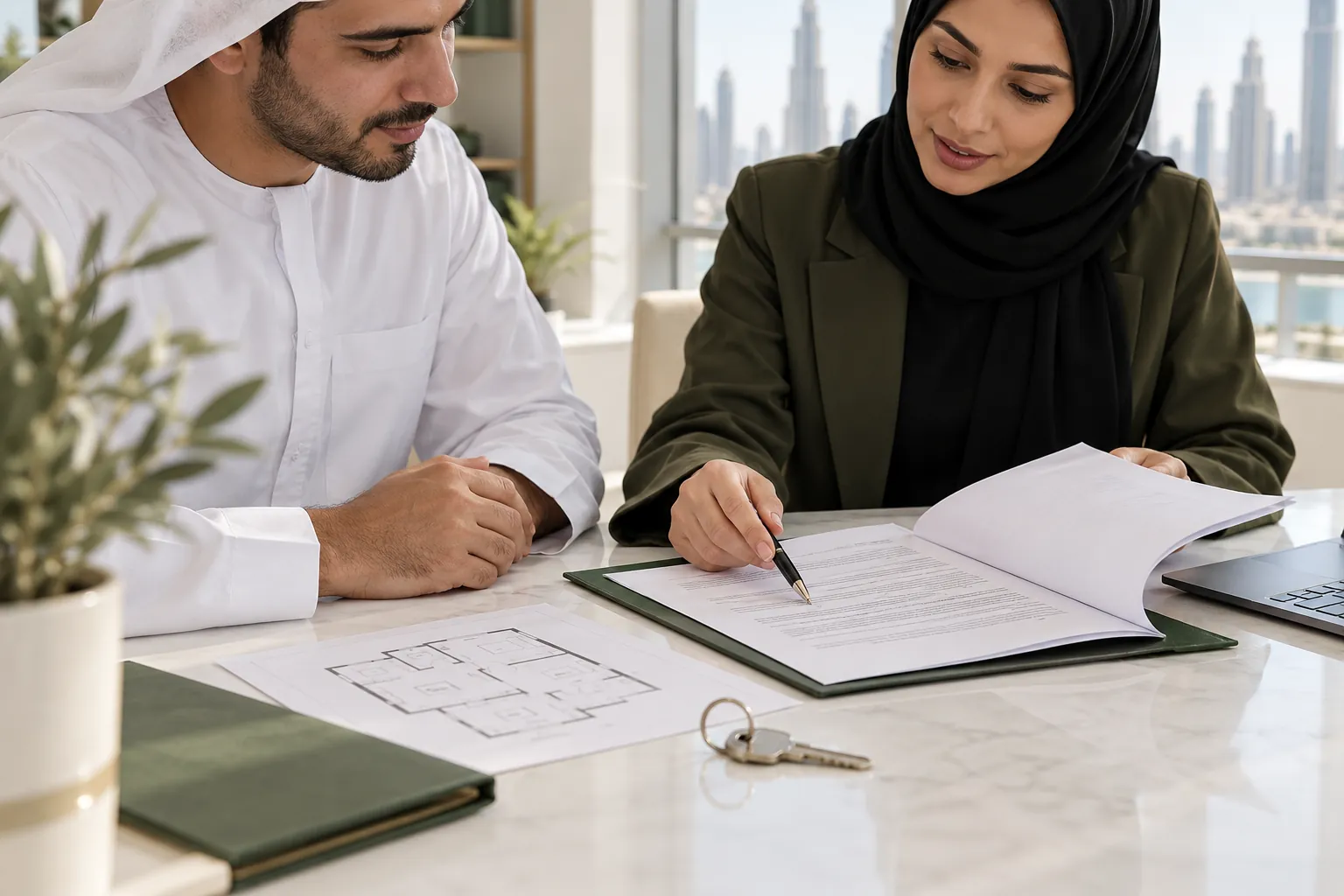 Tenant and advisor reviewing tenancy documents beside an apartment key.