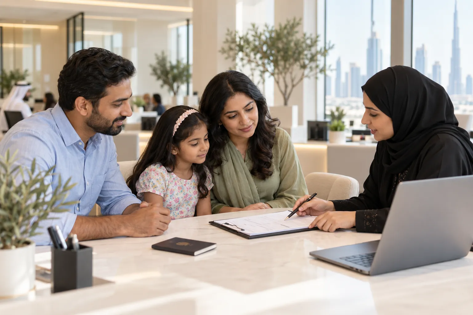 Parents and their daughter discussing application paperwork with a consultant.