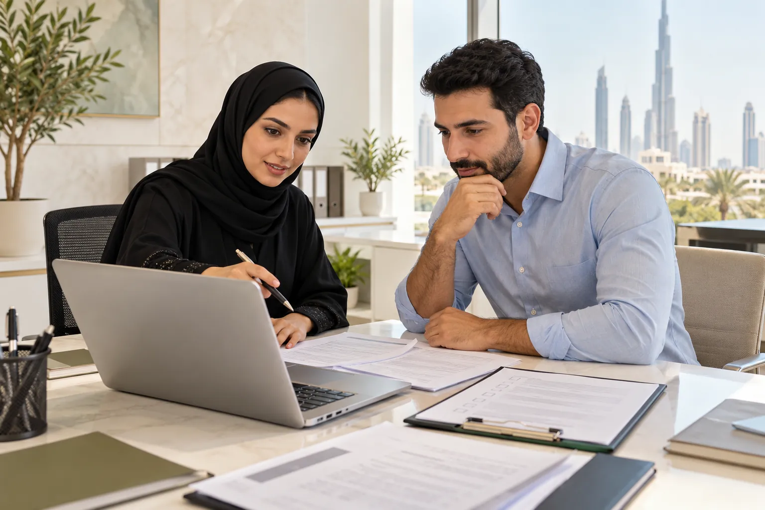 Consultant helping a customer prepare medical screening appointment paperwork.