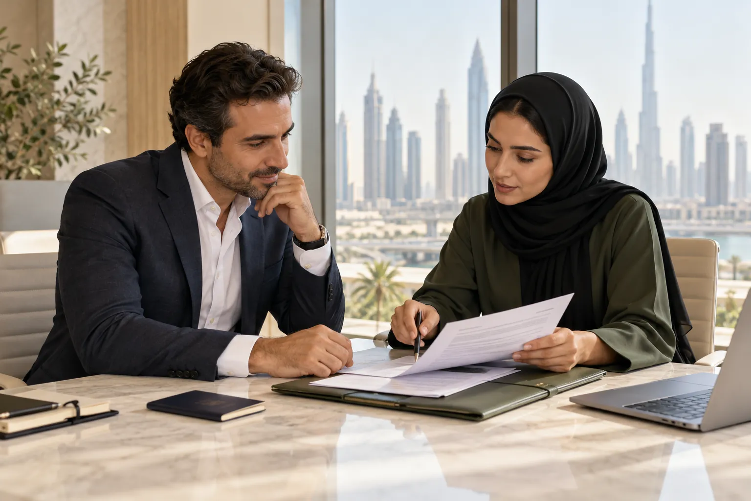 Customer and advisor reviewing long-term residency application documents.