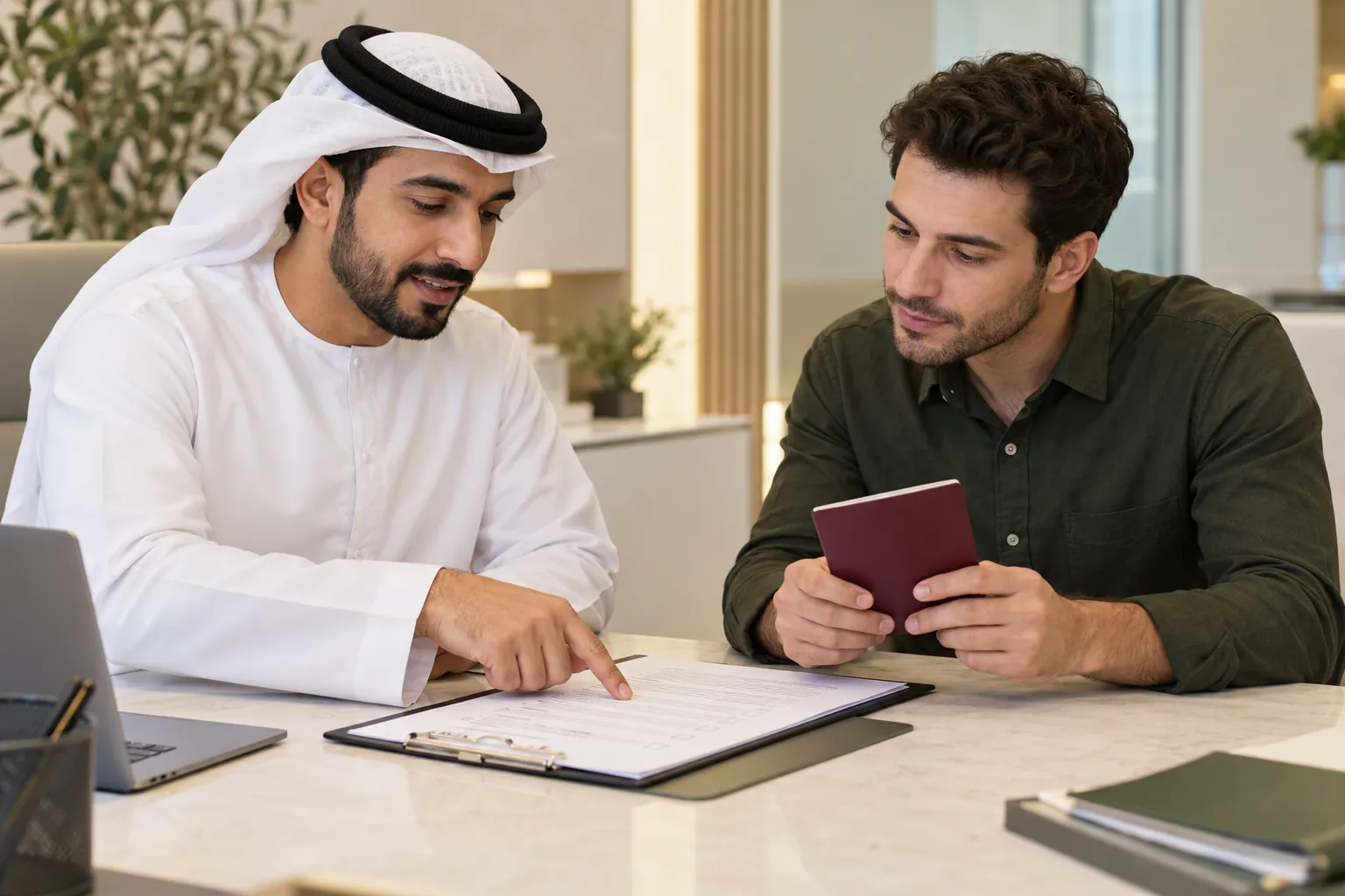 Consultant reviewing visa application paperwork with a customer holding a passport.